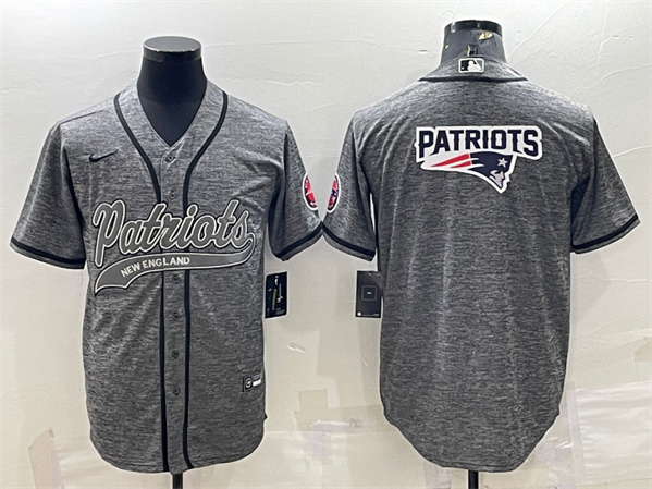 Men's New England Patriots Gray Team Big Logo With Patch Cool Base Stitched Baseball Jersey - Click Image to Close